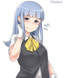 Rule 34 | 1girl, :q, absurdres, black vest, blue eyes, blue hair, blunt bangs, bow, bowtie, braid, breast pocket, closed mouth, gloves, hand up, hatsukaze (kancolle), highres, kantai collection, kiritto, looking at viewer, nervous smile, pocket, raised eyebrows, shirt, short sleeves, sidelocks, simple background, smile, solo, straight hair, tongue, tongue out, twin braids, upper body, vest, white background, white gloves, white shirt, yellow bow, yellow bowtie
