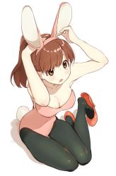 Rule 34 | 1girl, adjusting clothes, adjusting headwear, animal ears, armpits, arms up, bare arms, bare shoulders, black pantyhose, blush, breasts, brown hair, bunny day, cleavage, commentary, covered navel, fake animal ears, from above, hairband, high heels, kawai makoto, large breasts, legs together, leotard, long hair, looking at viewer, looking up, open mouth, original, pantyhose, pink leotard, playboy bunny, ponytail, rabbit ears, rabbit tail, simple background, sitting, solo, tail, thigh gap, white background, yellow eyes, yokozuwari