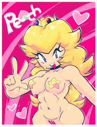 Rule 34 | 1girl, :d, abs, bar censor, black choker, blonde hair, blue eyes, blush, border, breasts, censored, character name, choker, collarbone, covered erect nipples, crown, drooling, eyelashes, food, fruit, hand up, heart, highres, jublee, long hair, looking at viewer, mario (series), medium breasts, mouth drool, navel, nintendo, no nose, nude, open mouth, pasties, peach, pink background, princess peach, smile, solo, star (symbol), star pasties, super mario bros. 1, sweat, teeth, upper teeth only, w, white border, wide hips
