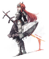Rule 34 | 1girl, absurdres, alternate costume, arknights, armor, commentary, english commentary, franlol, from side, greatsword, highres, holding, holding shield, holding sword, holding weapon, horns, long hair, red eyes, red hair, shield, shoulder armor, simple background, solo, standing, surtr (arknights), sword, weapon, white background