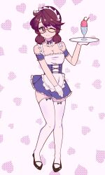 Rule 34 | 1girl, alternate costume, apron, bare shoulders, black footwear, blue bow, blue bowtie, blue corset, blue dress, blue sleeves, bow, bow legwear, bowtie, breasts, brown eyes, brown hair, cleavage, closed mouth, collarbone, commentary, corset, cup, detached collar, detached sleeves, dress, drinking glass, english commentary, enmaided, eosd2002, food, frilled dress, frills, full body, glasses, gloves, hand up, heart, heart background, highres, holding, holding tray, ice cream, knees together feet apart, light smile, low twintails, maid, maid headdress, medium breasts, medium hair, nose, one eye closed, pigeon-toed, red-framed eyewear, shoes, short dress, short sleeves, solo, standing, thighhighs, touhou, tray, twintails, usami sumireko, white apron, white dress, white gloves, white thighhighs, zettai ryouiki