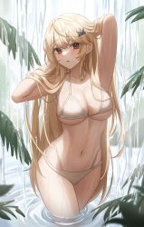 Rule 34 | 1girl, absurdres, adjusting hair, arm up, armpits, arms behind head, bare arms, bare shoulders, bikini, blonde hair, breasts, cleavage, collarbone, commission, cream (cream), crown hair ornament, hair lift, hair ornament, hairclip, halterneck, hand up, hands in hair, highleg, highleg bikini, highres, holding, holding own hair, large breasts, leaf, long hair, looking at viewer, mole, mole under eye, multi-strapped bikini, navel, original, parted lips, pucohiiiii, red eyes, revision, solo, standing, stomach, string bikini, swimsuit, thighs, very long hair, wading, water, waterfall, wet, white bikini