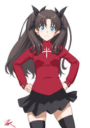 Rule 34 | 1girl, artist logo, artist name, black hair, black skirt, black thighhighs, blue eyes, breasts, commentary request, contrapposto, fate/stay night, fate (series), hands on own hips, highres, long hair, pleated skirt, red sweater, simple background, skirt, small breasts, solo, standing, sweater, t2r, thighhighs, tohsaka rin, two side up, white background
