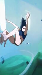 Rule 34 | 1girl, air bubble, animated, barefoot, bathroom, bathtub, black hair, breasts, bubble, cacaotane, green eyes, highres, medium breasts, navel, shorts, sound, submerged, swimming, tagme, twitter username, underwater, video, water