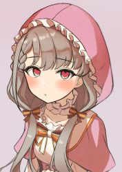 Rule 34 | 1girl, blush, braid, braided bangs, breasts, brown eyes, brown hair, capelet, closed mouth, commentary request, frilled hood, frills, grey background, hair over shoulder, heart, heart-shaped pupils, highres, hisakawa nagi, hood, hood up, hooded capelet, idolmaster, idolmaster cinderella girls, idolmaster cinderella girls starlight stage, long hair, looking at viewer, low twintails, mitsumine raimu, pink capelet, shirt, simple background, small breasts, solo, symbol-shaped pupils, twintails, upper body, very long hair, white shirt