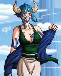 Rule 34 | 1girl, alternate costume, bare shoulders, breasts, cleavage cutout, clothing cutout, female focus, highres, horns, large breasts, mask, multicolored eyes, multicolored hair, one piece, solo, tank top, tattoo, thick thighs, thighs, ulti (one piece)