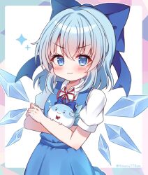 Rule 34 | 1girl, :3, blue bow, blue dress, blue eyes, blue hair, blush, bow, cirno, commentary request, detached sleeves, dress, hair bow, highres, himeno ame, ice, ice wings, looking at viewer, short hair, short sleeves, solo, sukusuku hakutaku, touhou, twitter username, v-shaped eyebrows, white background, wings