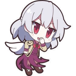 Rule 34 | 1girl, 60mai, blush, boots, bow, bowtie, brown footwear, chibi, covering own mouth, dress, full body, hand on own hip, hand up, jacket, kishin sagume, leaning forward, long sleeves, looking at viewer, open mouth, purple dress, red bow, red bowtie, red eyes, silver hair, simple background, single wing, smile, solo, standing, touhou, white background, white wings, wings