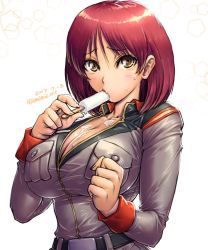 Rule 34 | 1girl, amania orz, belt, blush, breasts, brown eyes, brown hair, cleavage, collar, eating, food, food in mouth, gundam, gundam lost war chronicles, huge breasts, ice cream, looking at viewer, military, military uniform, noel anderson, parted lips, popsicle, popsicle in mouth, shiny skin, short hair, simple background, solo, sweat, teeth, uniform, white background