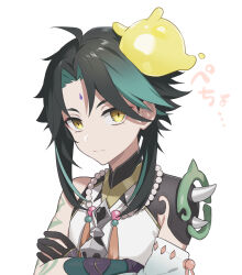 Rule 34 | 1boy, arm tattoo, asymmetrical clothes, bead necklace, beads, black hair, closed mouth, crossed arms, facial mark, forehead mark, genshin impact, gloves, green hair, highres, jewelry, male focus, multicolored hair, necklace, seelie (genshin impact), simple background, spikes, tassel, tattoo, unapoppo, upper body, white background, xiao (genshin impact), yellow eyes