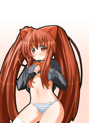 Rule 34 | 1girl, :o, aloe, aloe (quiz magic academy), animal ears, bad id, bad pixiv id, blush, brown eyes, brown hair, chibi (nekomimimi), clothes lift, dress, dress lift, long hair, looking at viewer, navel, nekomimimi, panties, parted lips, quiz magic academy, ribbon, sleeves past wrists, solo, striped clothes, striped panties, thighhighs, twintails, underwear, very long hair, white thighhighs