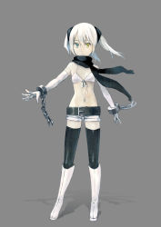 Rule 34 | 1girl, belt, bikini, bikini top only, black thighhighs, boots, chain, cuffs, elbow gloves, flat chest, front-tie top, gloves, grey background, heterochromia, highres, houru, knee boots, long hair, midriff, navel, original, scarf, shackles, shadow, short shorts, shorts, simple background, solo, swimsuit, thighhighs, white gloves, white hair, wind, zettai ryouiki