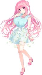 Rule 34 | 1girl, anneliese, blue dress, dress, floral print, flower, full body, half updo, hand on own face, high heels, highres, kimagure temptation, kimishima ao, long hair, looking at viewer, official art, pink eyes, pink flower, pink hair, see-through, sleeveless, sleeveless dress, smile, solo, toeless footwear, transparent background