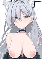 Rule 34 | 1girl, aged up, animal ear fluff, animal ears, binsen, blue archive, blue eyes, breasts, choker, hair between eyes, hair ornament, hair over one eye, hairclip, halo, highres, large breasts, sagging breasts, shiroko (blue archive), shiroko terror (blue archive), simple background, white background, wolf ears
