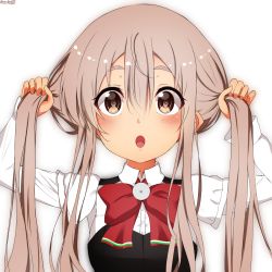 Rule 34 | 1girl, artist name, black corset, blush, bow, bowtie, brown eyes, brown hair, bunching hair, buttons, corset, hair between eyes, kantai collection, long hair, long sleeves, no headwear, open mouth, pola (kancolle), red bow, red bowtie, sazamiso rx, shirt, sidelocks, signature, simple background, solo, upper body, white background, white shirt
