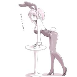 Rule 34 | 1girl, animal ears, arm support, bent over, breasts, fake animal ears, full body, hair ornament, hairband, haruhisky, high heels, large breasts, leaning forward, leotard, monochrome, pantyhose, pedestal, playboy bunny, profile, shoes, short hair, simple background, smile, solo, standing, suzumiya haruhi, suzumiya haruhi no yuuutsu, tail, translated, white background, wrist cuffs
