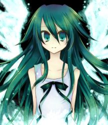 Rule 34 | 1girl, arms behind back, bare shoulders, bow, collarbone, dress, flat chest, glowing, green eyes, green hair, ibara riato, long hair, lowres, matching hair/eyes, ribbon, saya (saya no uta), saya no uta, solo, sundress, white dress, wings