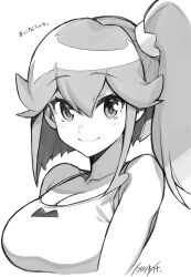 Rule 34 | 1girl, aina ardebit, breasts, cleavage, closed mouth, collarbone, greyscale, hair between eyes, highres, large breasts, looking at viewer, monochrome, promare, side ponytail, smile, solo, takatsuki ichi, upper body