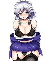 Rule 34 | 1girl, annoyed, blue eyes, blush, braid, breast hold, breasts, cameltoe, commentary request, curvy, garter belt, garter straps, gloves, hair ribbon, highres, hip focus, isshin (sasayamakids), izayoi sakuya, large breasts, lingerie, looking at viewer, maid headdress, microskirt, ribbon, silver hair, simple background, skirt, thigh gap, thighhighs, thighs, touhou, underboob, underwear, white background