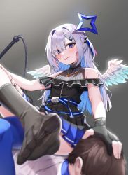 Rule 34 | 1boy, 1girl, absurdres, amane kanata, amane kanata (work), angel, angel wings, asymmetrical legwear, blue hair, blue thighhighs, blurry, blush, bu leike, colored inner hair, depth of field, feathered wings, feet, foreshortening, gloves, grey hair, hair intakes, hair ornament, hairclip, highres, hololive, long hair, multicolored hair, open mouth, partially fingerless gloves, purple eyes, single thighhigh, sitting, sitting on person, skindentation, socks, solo focus, thigh strap, thighhighs, toes, two side up, virtual youtuber, wings
