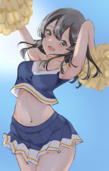 Rule 34 | 1girl, armpits, arms up, bare shoulders, black hair, blue shirt, blue skirt, blush, breasts, cheering, cheerleader, cloud, commentary request, cowboy shot, crop top, cropped shirt, eyebrows, hair between eyes, hair ornament, hairclip, highres, kantai collection, long hair, medium breasts, navel, open mouth, oyashio (kancolle), pom pom (cheerleading), shirt, skirt, sky, sleeveless, solo, stomach, sweatdrop, uesuzoukin, yellow eyes