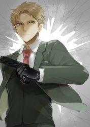 Rule 34 | 1boy, black gloves, blonde hair, blue eyes, broken glass, closed mouth, crack, formal, glass, glass shards, gloves, grey suit, gun, highres, holding, holding gun, holding weapon, looking at viewer, mio (user fdyu4558), necktie, red necktie, serious, shattered, short hair, solo, spy x family, suit, twilight (spy x family), weapon