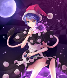Rule 34 | 1girl, blob, blue eyes, blue hair, book, doremy sweet, dress, goingtobemad, hat, highres, matching hair/eyes, moon, nightcap, open mouth, pom pom (clothes), shirt, short hair, short sleeves, skirt, smile, smug, solo, tail, tapir tail, touhou