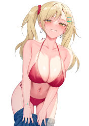 Rule 34 | 1girl, alexmaster, bikini, blonde hair, blush, breasts, brown eyes, cameltoe, cleavage, collarbone, ear piercing, earrings, hair ornament, hairclip, halterneck, jewelry, large breasts, mole, mole under eye, navel piercing, original, piercing, red bikini, smile, solo, string bikini, swimsuit, twintails, white background
