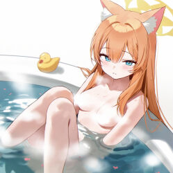 Rule 34 | 1girl, animal ear fluff, animal ears, banxuan c2ka, bare arms, bare shoulders, bathing, bathtub, blue archive, blue eyes, blunt bangs, blush, breasts, commentary, completely nude, convenient censoring, double-parted bangs, fox ears, fox girl, hair between eyes, halo, knees up, long hair, looking at viewer, mari (blue archive), medium breasts, nude, orange hair, rubber duck, smile, solo, steam, steam censor, symbol-only commentary, yellow halo