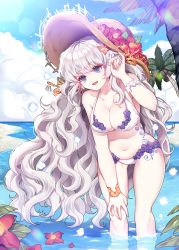 Rule 34 | 1girl, :d, bad id, bad pixiv id, beach, bikini, blue sky, bracelet, breasts, cloud, day, flower, hair ornament, hand on own knee, hand up, harin 0, hat, hat flower, jewelry, large breasts, leaning forward, long hair, navel, open mouth, outdoors, palm tree, pinky out, purple eyes, qurare magic library, silver hair, sky, smile, straw hat, sun hat, swimsuit, tree, very long hair, wading, wavy hair, white bikini, wristband