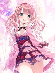 Rule 34 | 1girl, :d, balloon, black eyes, blush, commentary, cowboy shot, dress, hand up, heart balloon, holding, holding balloon, jacket, kimishima ao, long hair, looking at viewer, momoi saki, object in pocket, open clothes, open jacket, open mouth, original, petticoat, pink background, pink hair, pink jacket, pink theme, plaid, plaid dress, red dress, shirt under dress, short dress, smile, solo, stuffed animal, stuffed toy, sweater, symbol-only commentary, teddy bear, v