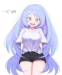 Rule 34 | 1girl, black shorts, blue eyes, blue hair, boku no hero academia, breasts, bright pupils, cowboy shot, hadou nejire, highres, hwaryeok, large breasts, light blue hair, long hair, looking at viewer, open mouth, shirt, short shorts, short sleeves, shorts, smile, solo, thighs, very long hair, white background, white pupils, white shirt