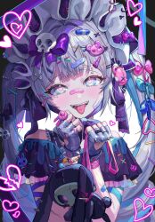 Rule 34 | 1girl, absurdres, bandaid, bandaid on cheek, bandaid on face, barbell piercing, blue eyes, blue hair, blush, colorful, crazy, cross-laced clothes, cross-laced sleeves, decora, ear piercing, fingerless gloves, gloves, grey hair, hair ornament, hair ribbon, hairband, hairclip, hairpin, heart, heart-shaped pupils, highres, holding, holding stuffed toy, industrial piercing, jewelry, lerome, lolita hairband, long hair, looking at viewer, multicolored hair, multiple hairpins, open mouth, original, piercing, ribbon, ring, scar, simple background, skull hair ornament, smile, solo, sticker, sticker on face, stuffed toy, symbol-shaped pupils, tongue, tongue out, tongue piercing, twintails, yami kawaii