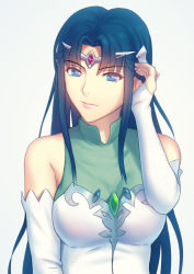 Rule 34 | 1girl, bare shoulders, blue eyes, blue hair, breasts, cleavage, detached sleeves, fateline alpha, hand in own hair, headpiece, highres, lafiel, large breasts, long hair, aged up, seikai no monshou, seikai no senki, upper body, white background