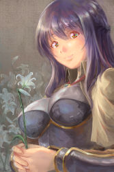 Rule 34 | 1girl, brown capelet, capelet, chest guard, closed mouth, collared capelet, commentary request, egnigem cenia, flower, highres, holding, holding flower, lily (flower), long hair, looking at viewer, own hands together, purple hair, ragnarok masters, ragnarok online, reihou19, smile, solo, swordsman (ragnarok online), upper body, vambraces, white flower, yellow eyes