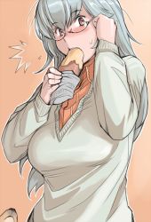 Rule 34 | 00s, 1girl, blush, breasts, casual, eating, food, glasses, large breasts, aged up, red eyes, rozen maiden, sexually suggestive, silver hair, solo, suigintou, surprised, sweat, sweater, tsuda nanafushi