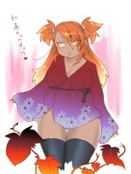 Rule 34 | 1girl, akimichi chouchou, black thighhighs, breasts, cleavage, cropped legs, dark-skinned female, dark skin, floral print, gluteal fold, gradient background, hair bobbles, hair ornament, hatomilkyt, highres, japanese clothes, kimono, large breasts, lips, long hair, naruto (series), naruto shippuuden, no panties, orange hair, plump, puckered lips, short kimono, solo, thigh gap, thighhighs, translation request, two side up, yellow eyes
