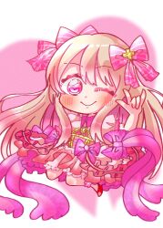 Rule 34 | 1girl, ;), blonde hair, bloomers, blush, chaos marie (grimms notes), chibi, dress, frilled dress, frills, grimms notes, hair ribbon, heart, heart-shaped pupils, highres, jewelry, long hair, one eye closed, pendant, puffy short sleeves, puffy sleeves, red footwear, ribbon, shoes, short sleeves, smile, solo, sugimomo02, symbol-shaped pupils, underwear, white background