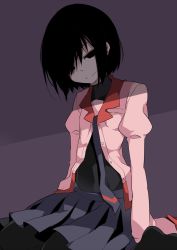 Rule 34 | 1girl, arms at sides, black eyes, black hair, black necktie, black pantyhose, blazer, blouse, bodysuit, buttons, grey skirt, hammer (sunset beach), hands in opposite sleeves, head tilt, jacket, juliet sleeves, long sleeves, looking at viewer, monogatari (series), necktie, open clothes, open jacket, oshino ougi, pantyhose, pink jacket, pink shirt, pleated skirt, pocket, puffy sleeves, shirt, short hair, sitting, skirt, solo, two-tone background, unbuttoned, wariza