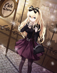 Rule 34 | 1girl, :o, absurdres, bad id, bad pixiv id, bag, belt, black pantyhose, blonde hair, blue eyes, bow, buckle, center frills, cup6542, frills, hair between eyes, hair bow, handbag, highres, holding, long hair, long sleeves, looking at viewer, open mouth, original, outdoors, pantyhose, restaurant, shoulder bag, skirt, snowflakes, solo, standing, sweater
