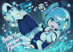 Rule 34 | 1girl, android, blue bodysuit, blue eyes, blue hair, bodysuit, breasts, hair between eyes, headphones, headset, highres, hologram, looking at viewer, medium breasts, mega man (series), mega man x (series), mega man x dive, multicolored hair, open mouth, parororo, rico (mega man), robot ears, side ponytail, smile, solo, two-tone hair