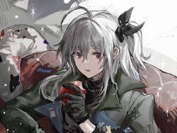 Rule 34 | 1girl, ahoge, apple, arknights, black gloves, black jacket, black ribbon, food, fruit, gloves, grey hair, hair ribbon, highres, holding, holding food, holding fruit, jacket, long hair, long sleeves, looking at viewer, official alternate costume, open mouth, red eyes, revision, ribbon, signature, skadi (arknights), skadi (the next afternoon tea) (arknights), solo, twice12314, twitter username, two side up, upper body, very long hair, white ribbon