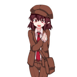 Rule 34 | + +, 1girl, :d, bad id, bad pixiv id, bag, blazer, blush stickers, brown hair, brown hat, brown jacket, brown shorts, cabbie hat, collared shirt, flat chest, forbidden scrollery, hammer (sunset beach), hat, highres, jacket, necktie, no wings, open mouth, own hands clasped, own hands together, pointy ears, red eyes, shameimaru aya, shameimaru aya (newsboy), shirt, short hair, shorts, shoulder bag, smile, solo, tie clip, touhou