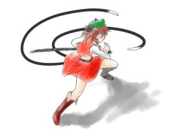 Rule 34 | 1girl, animal ears, bad id, bad pixiv id, cat ears, cat girl, cat tail, chen, female focus, fighting stance, full body, hat, multiple tails, short hair, skirt, solo, sword, taiga isaka, tail, touhou, weapon, white background