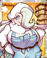 Rule 34 | 1girl, blonde hair, blue apple, blue eyes, breasts, character name, creatures (company), earrings, food, fur hat, game freak, hand on own hip, hat, highres, holding, holding plate, jewelry, large breasts, legendofnerd, long hair, mature female, melony (pokemon), nintendo, pancake, pancake stack, pantyhose, pantyhose under shorts, pearl earrings, plate, plump, pokemon, pokemon swsh, pokemon tcg, scarf, shorts, solo, sweater, syrup, ushanka, very long hair, white hat, white scarf, white sweater