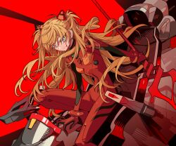 Rule 34 | 1girl, angry, between legs, blood, blood on face, bloody tears, blue eyes, bodysuit, breasts, foot out of frame, furrowed brow, hand between legs, highres, holding, holding polearm, holding weapon, interface headset, lance of longinus (evangelion), leaning forward, long hair, meremero, neon genesis evangelion, orange hair, parted lips, pilot suit, plugsuit, polearm, red background, red bodysuit, sitting, small breasts, solo, souryuu asuka langley, two side up, weapon
