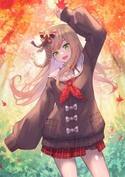 Rule 34 | 1girl, :d, arm up, autumn leaves, blonde hair, bow, braid, brown cardigan, cardigan, commentary request, cowboy shot, day, floating hair, forest, green eyes, hair bow, highres, holding, holding leaf, hololive, leaf, light particles, long hair, long sleeves, looking at viewer, maple leaf, momosuzu nene, momosuzu nene (casual), nature, neckerchief, open mouth, outdoors, plaid, plaid skirt, puffy long sleeves, puffy sleeves, red neckerchief, red skirt, single braid, skirt, sleeves past fingers, sleeves past wrists, smile, solo, standing, sunlight, teeth, upper teeth only, virtual youtuber, xyunx