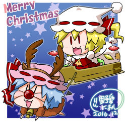 Rule 34 | 2016, 2girls, :3, animal costume, antlers, arm up, ascot, bad id, bad pixiv id, bag, bat wings, bell, blue hair, blush, bow, chibi, christmas, commentary request, crystal, dated, detached wings, english text, flandre scarlet, full body, gradient background, hat, hat bow, horns, merry christmas, mob cap, multiple girls, noai nioshi, one side up, open mouth, pink hat, puffy short sleeves, puffy sleeves, red bow, red eyes, red skirt, red vest, reindeer costume, remilia scarlet, ribbon-trimmed clothes, ribbon trim, short hair, short sleeves, siblings, side ponytail, signature, sisters, skirt, skirt set, sleigh, star (symbol), touhou, vest, white hat, wings, | |