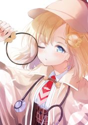 Rule 34 | 1girl, absurdres, blonde hair, blue eyes, breasts, closed mouth, collared shirt, hair ornament, hat, highres, hololive, hololive english, jacket, long sleeves, looking at viewer, magnifying glass, necktie, one eye closed, plaid, red necktie, shirt, simple background, skirt, small breasts, solo, stethoscope, timo wei95, upper body, virtual youtuber, watson amelia, watson amelia (1st costume), white shirt