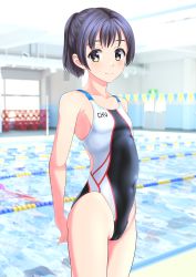 Rule 34 | 1girl, absurdres, arms behind back, black hair, black one-piece swimsuit, blurry, blurry background, breasts, brown eyes, clothes writing, competition swimsuit, cowboy shot, highres, lane line, logo, looking at viewer, multicolored clothes, multicolored swimsuit, one-piece swimsuit, original, ponytail, pool, short hair, short ponytail, small breasts, smile, solo, standing, string of flags, swimsuit, takafumi